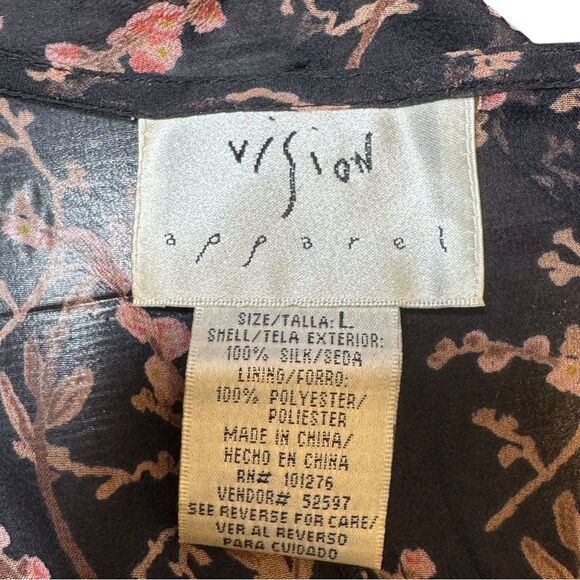 Y2K Vision Apparel Silk Black + Pink Beaded Tie Floral Sheer Blouse Size Large - Picture 7 of 8